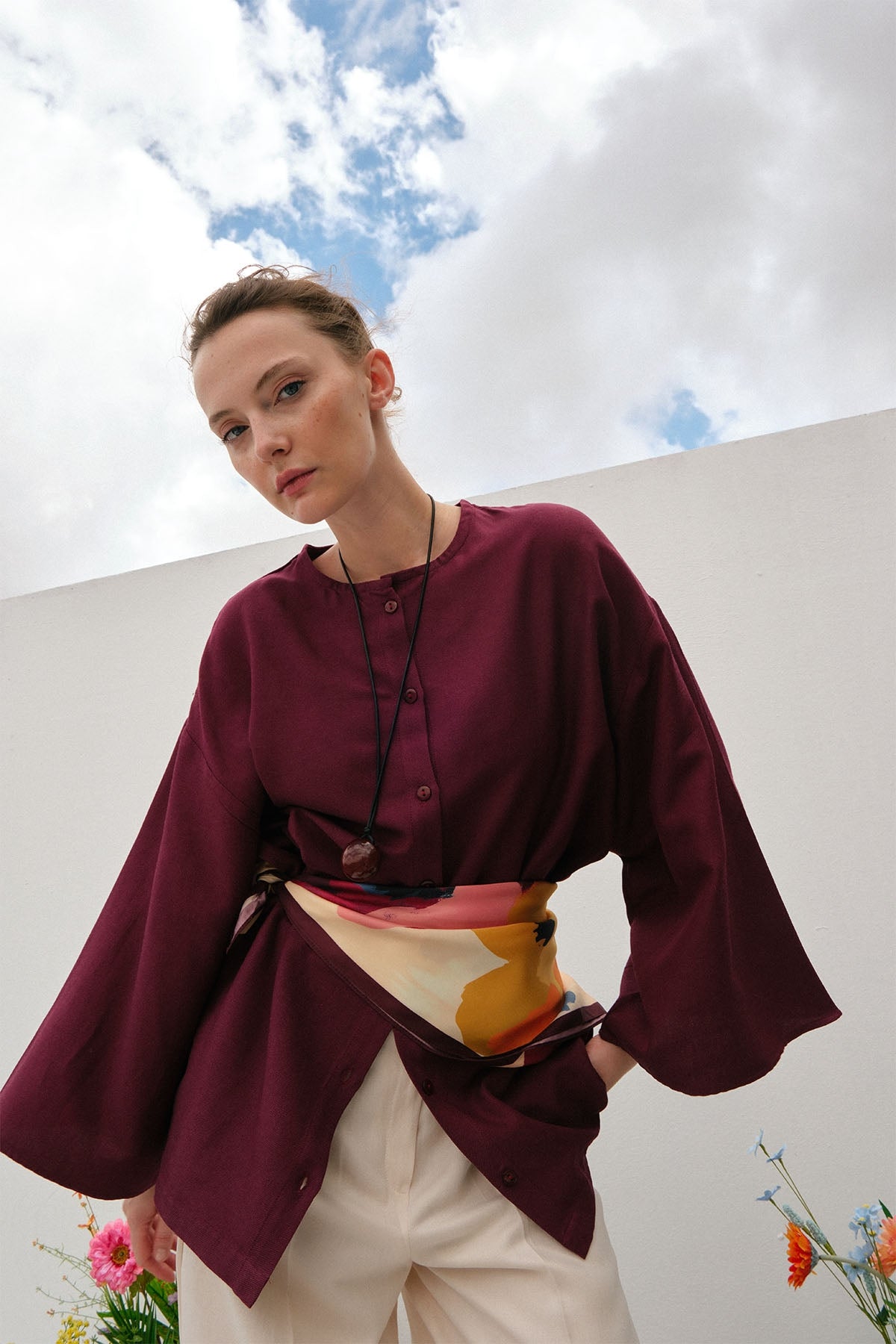 Kadın Dökümlü Pamuklu Kimono Gömlek Bordo