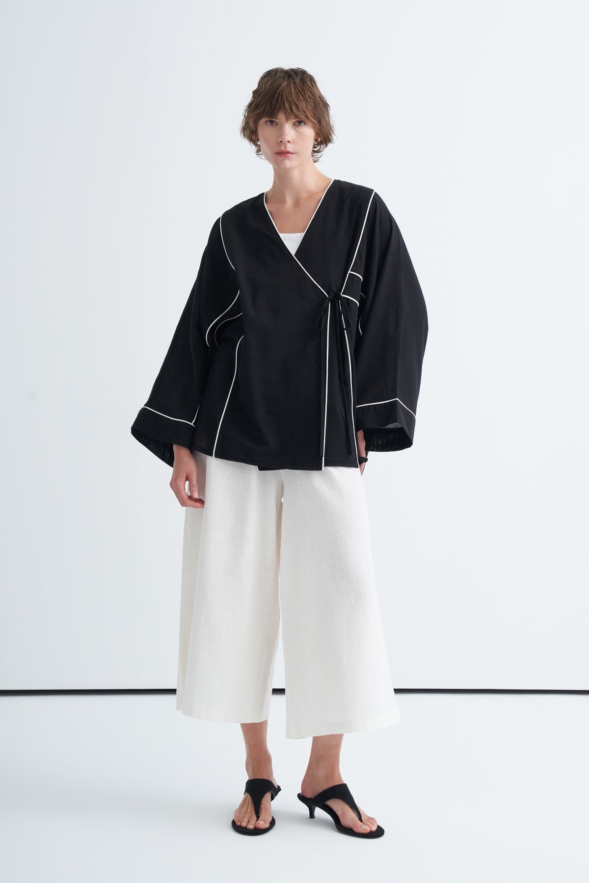 Kadın Kontrast Kimono Pantolon Takım Siyah