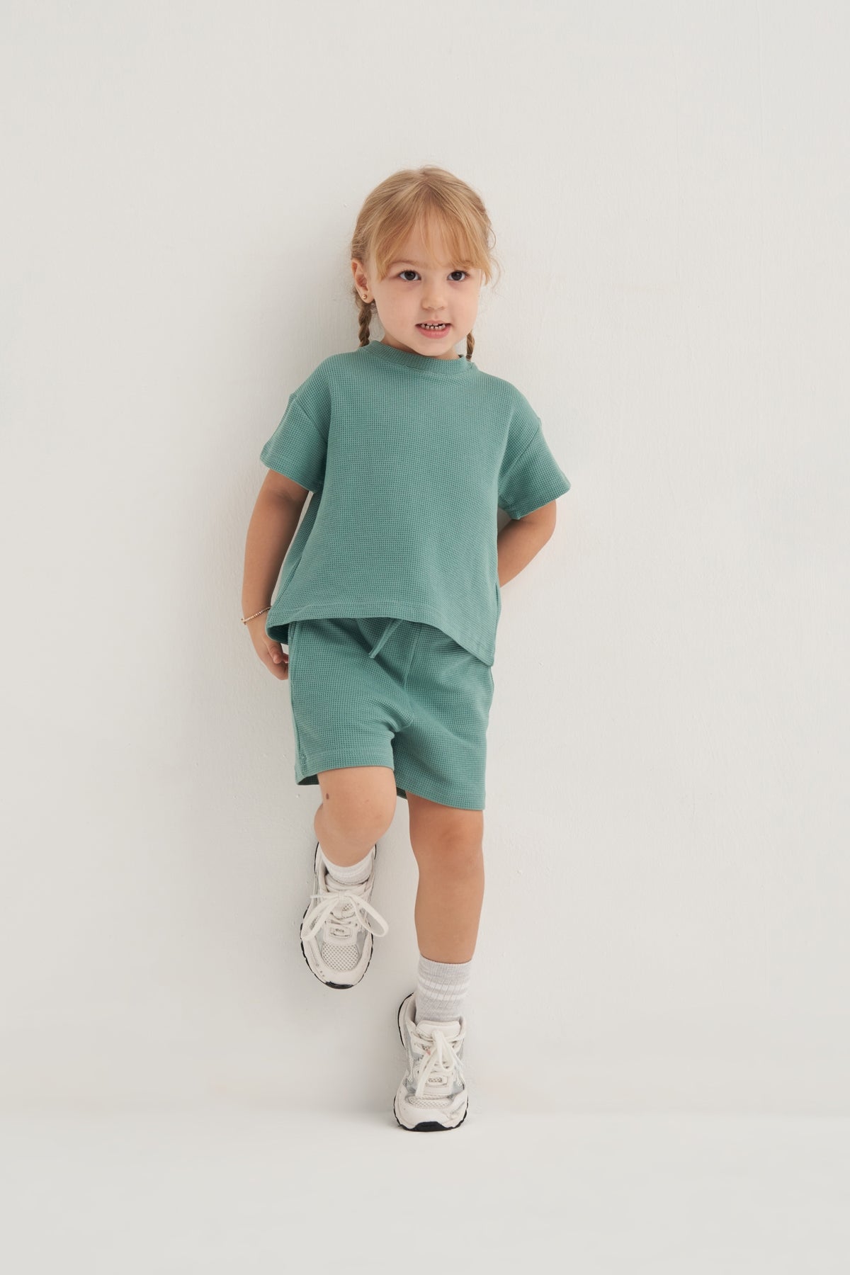 Unisex Çocuk Örme Waffle Takım Yeşil