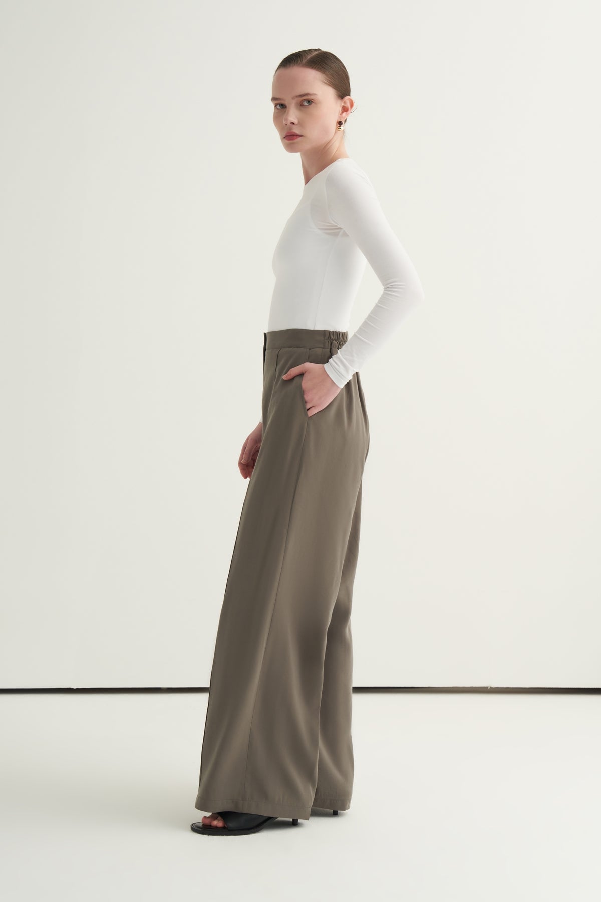 Kadın Modal Nervürlü Palazzo Pantolon Haki