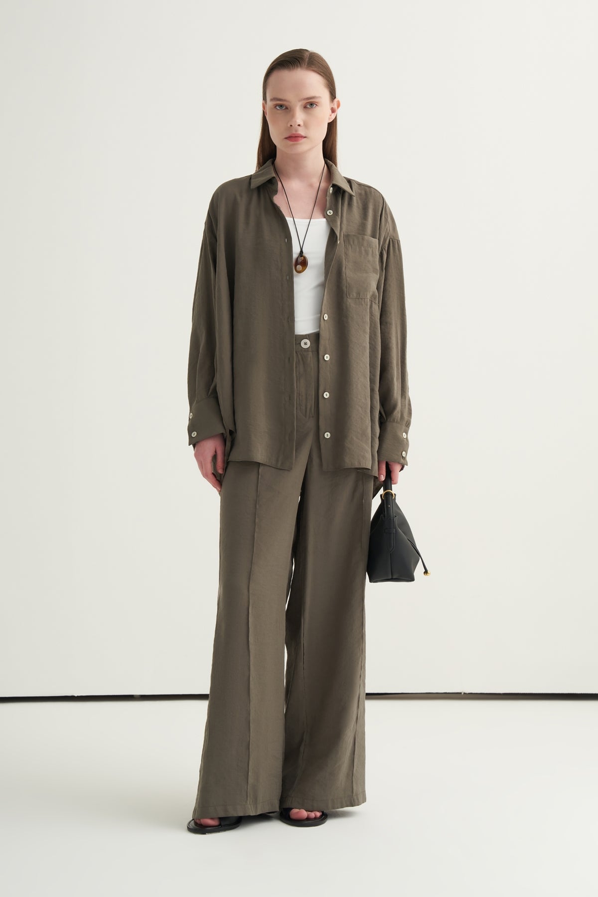 Kadın Modal Oversize Gömlek Pantolon Takım Haki