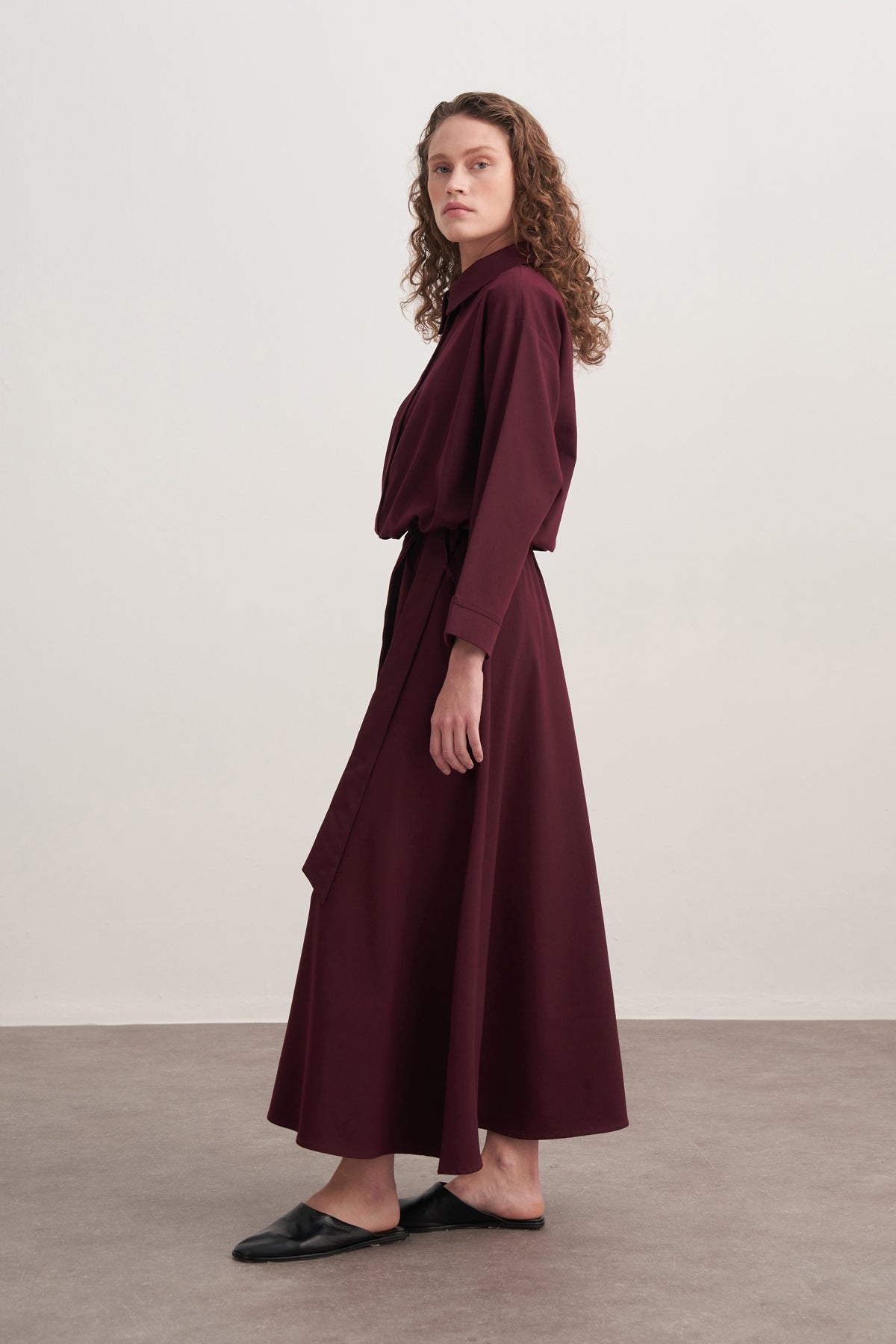 Kadın Gabardin Gömlekli Kloş Etek Takım Mürdüm